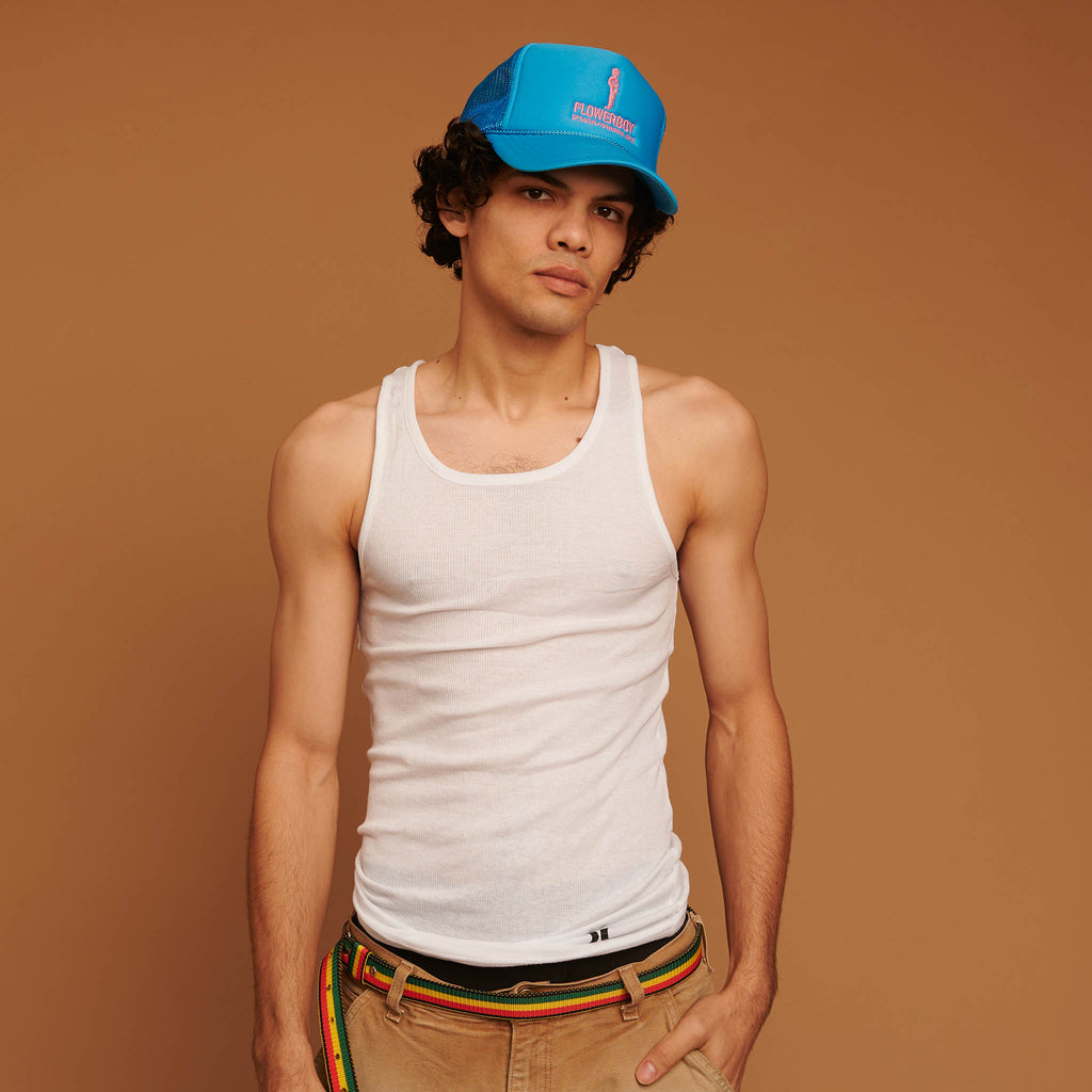 FLOWERBOY PROJECT 10 YEAR TRUCKER HAT | BLUE WITH PINK LOGO
