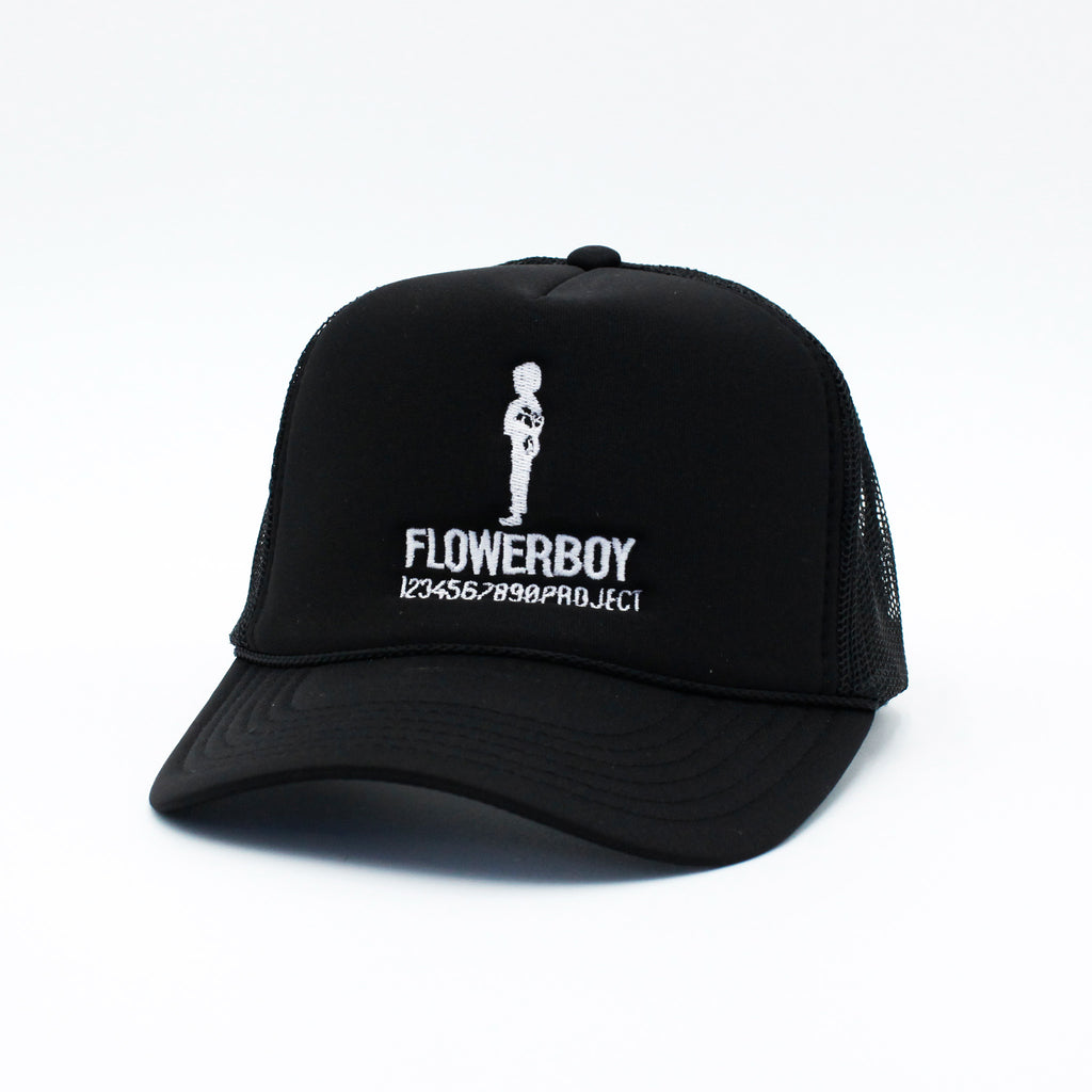 FLOWERBOY PROJECT 10 YEAR TRUCKER HAT | BLACK WITH WHITE LOGO