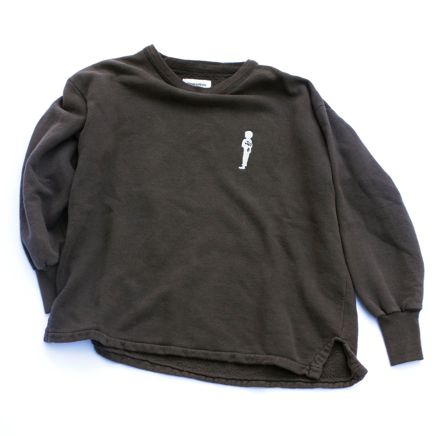 Flowerboy Project Vantage Hungarian Pullover with Crewneck in Brown. This long sleeve top has puffy sleeves and a white flowerboy embroidered on the chest.