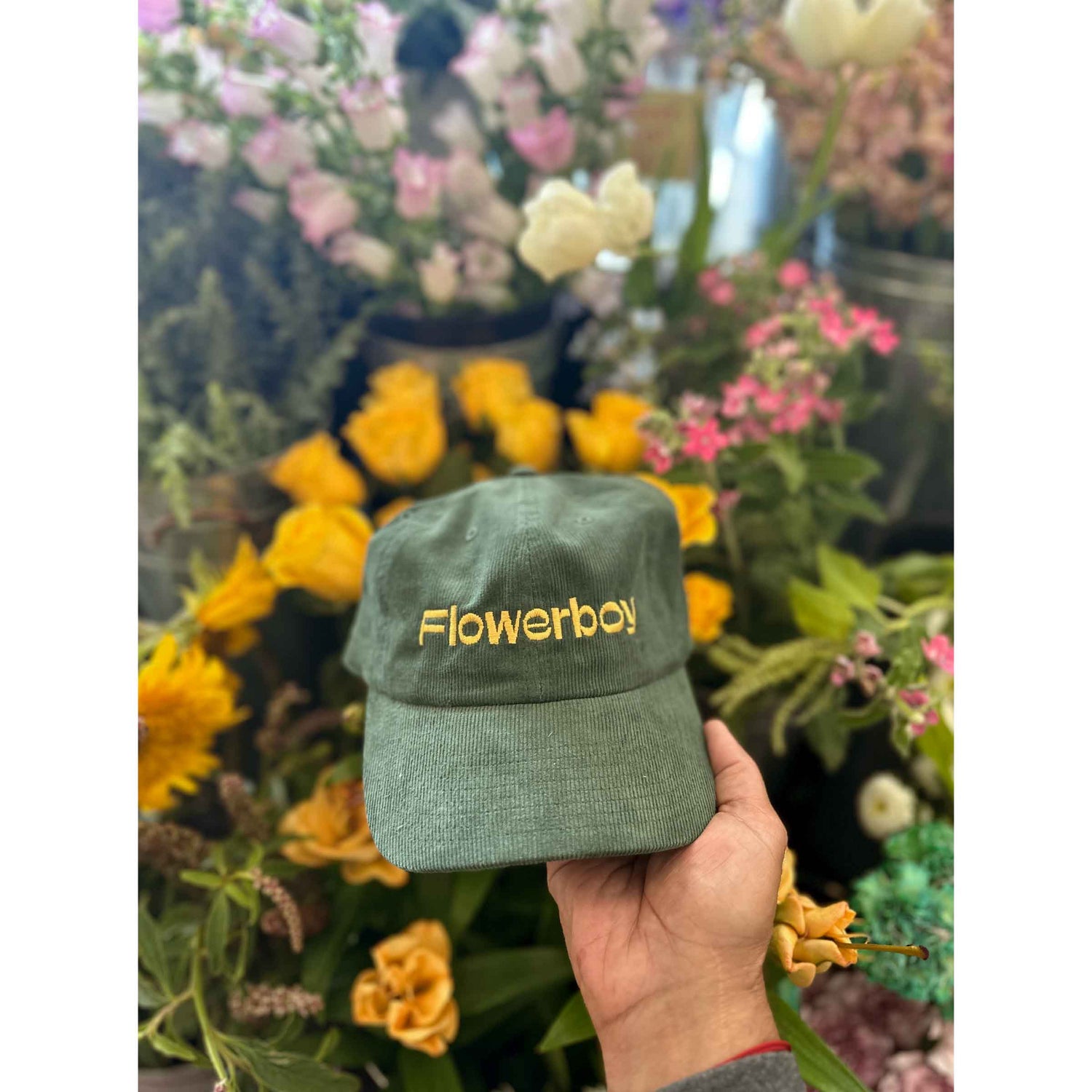 Flowerboy Project Embroidered Corduroy Cap | Green Detail