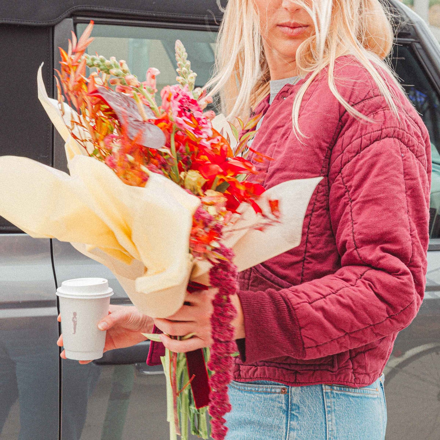 Woman wearing Flowerboy Project Vintage Quilted Liner Burgundy